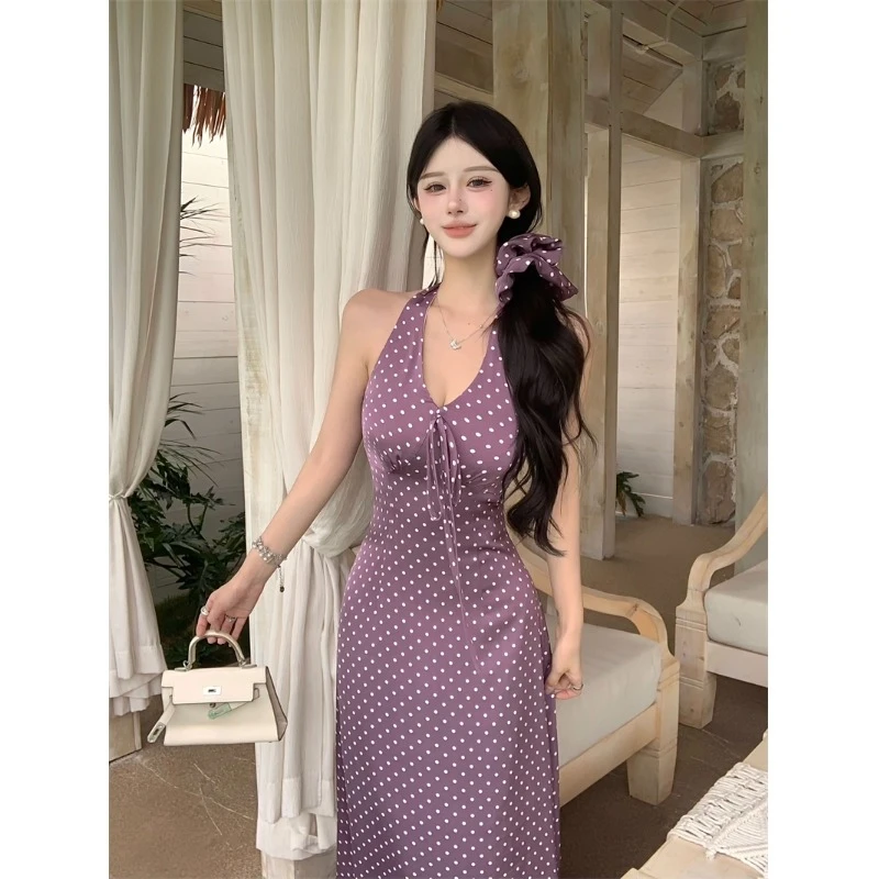 紫色波点露背挂脖连衣裙女夏季感修身裙子辣妹风收腰包臀长裙