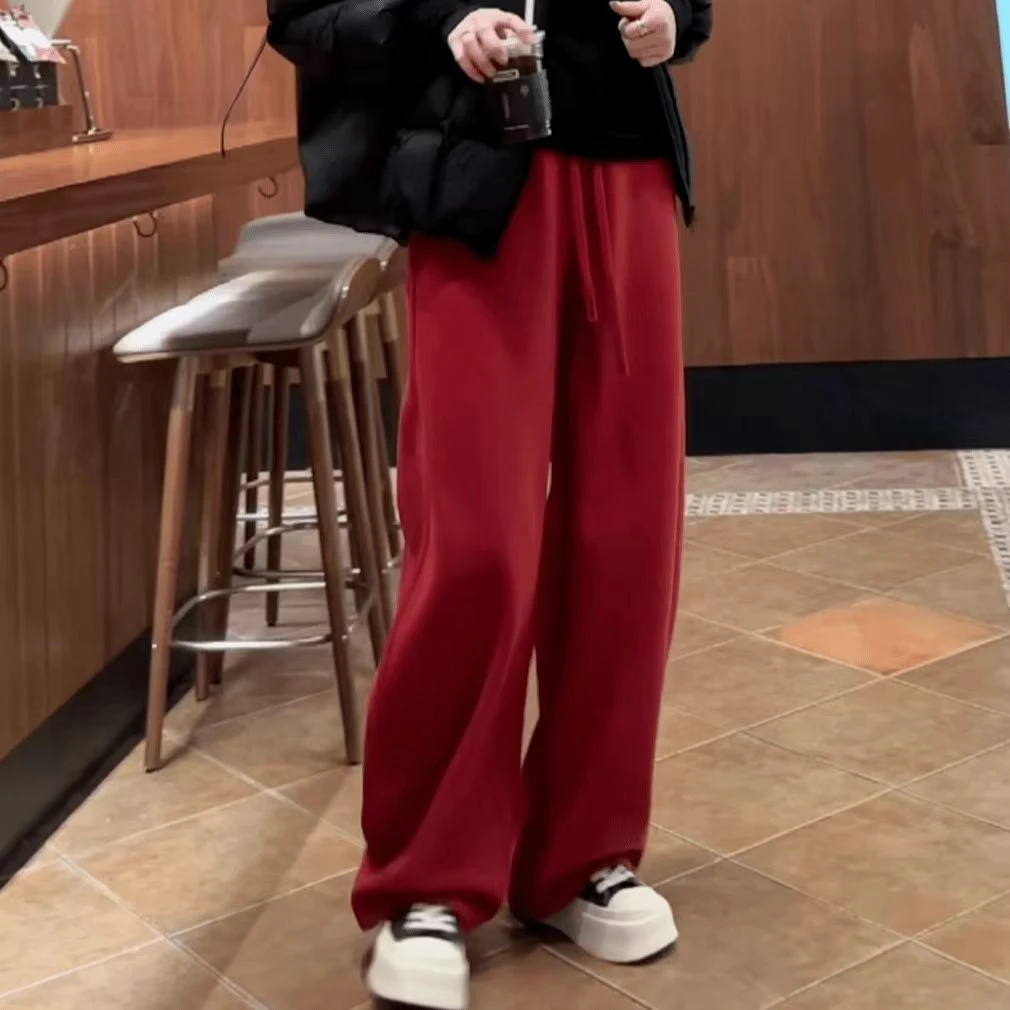 气质百搭时尚保暖抽绳加绒卫裤2025秋冬季新款休闲松紧腰显瘦长裤