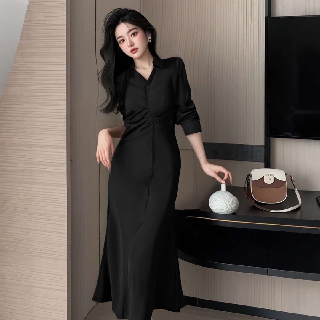 A春季v领衬衫连衣裙气质法式修身名媛女褶皱收腰显瘦鱼尾裙D0553