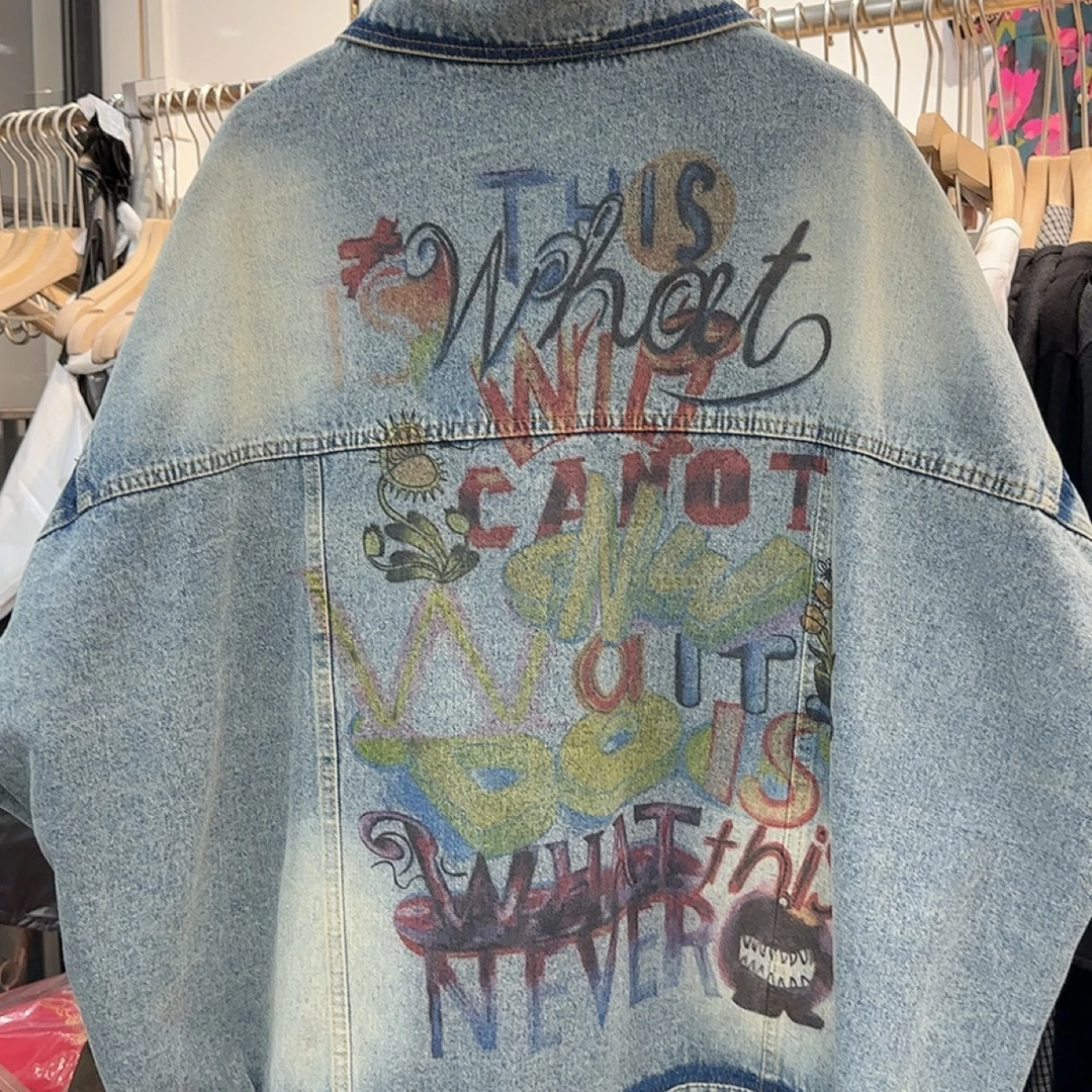 后背涂鸦印花洗水牛仔外衣