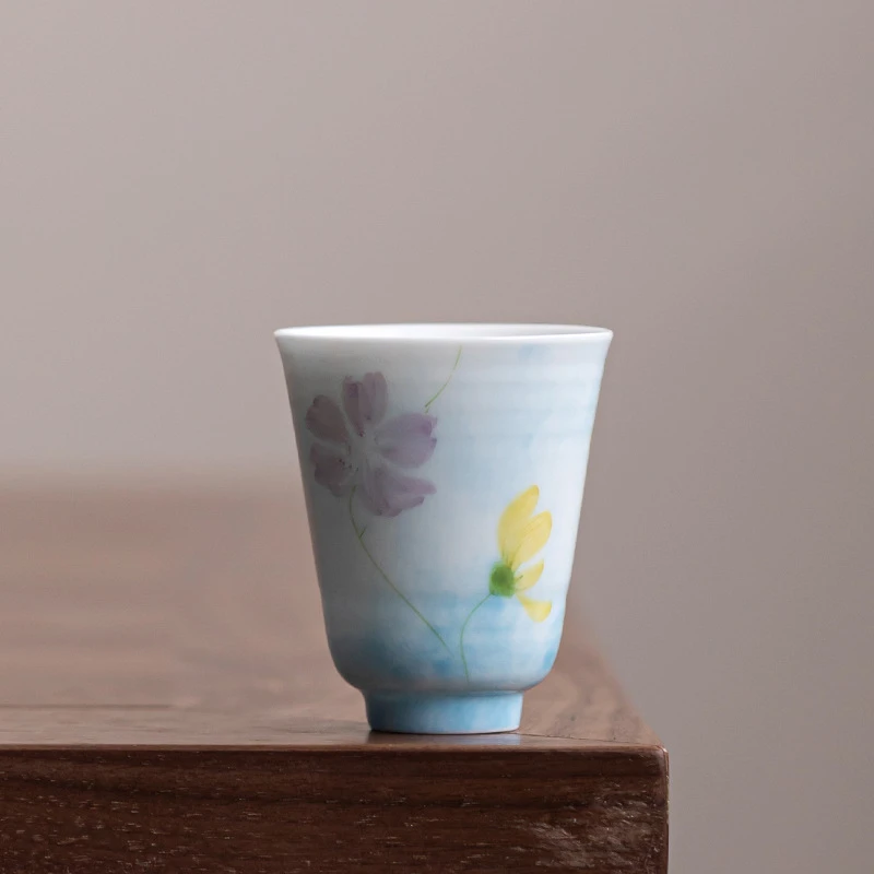 手绘主人杯格桑花功夫茶杯陶瓷高足杯高脚品茗杯个人聚香闻香杯