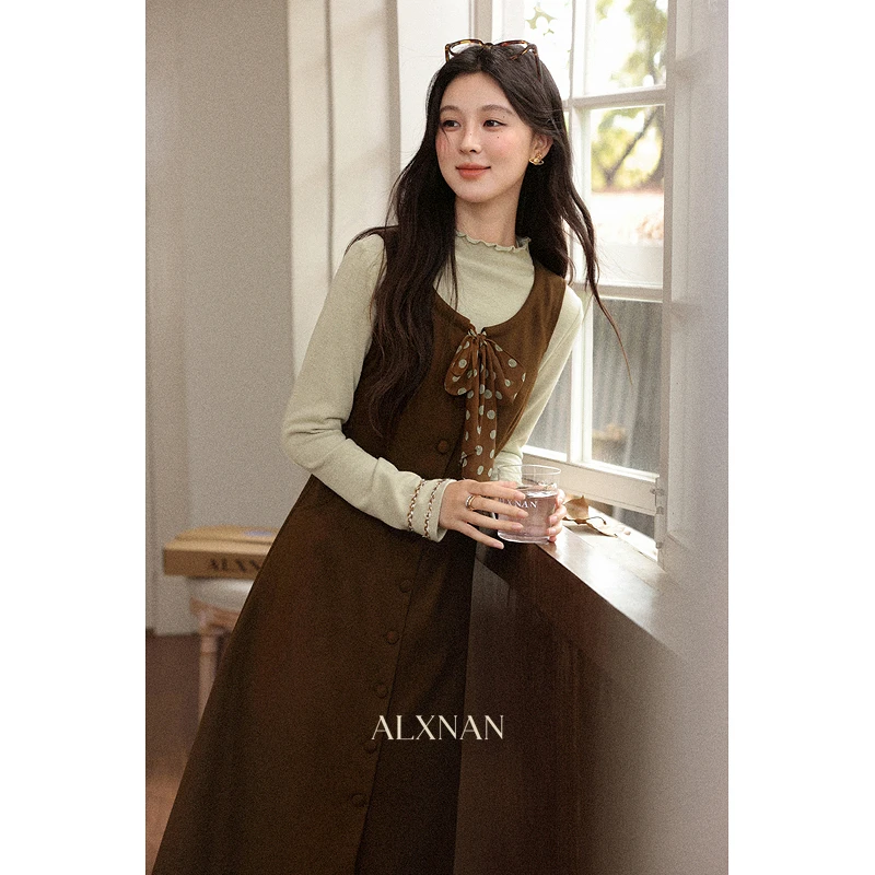 鹿向南「抹茶可可」法式咖色背心连衣裙女秋新款修身显瘦长款裙子