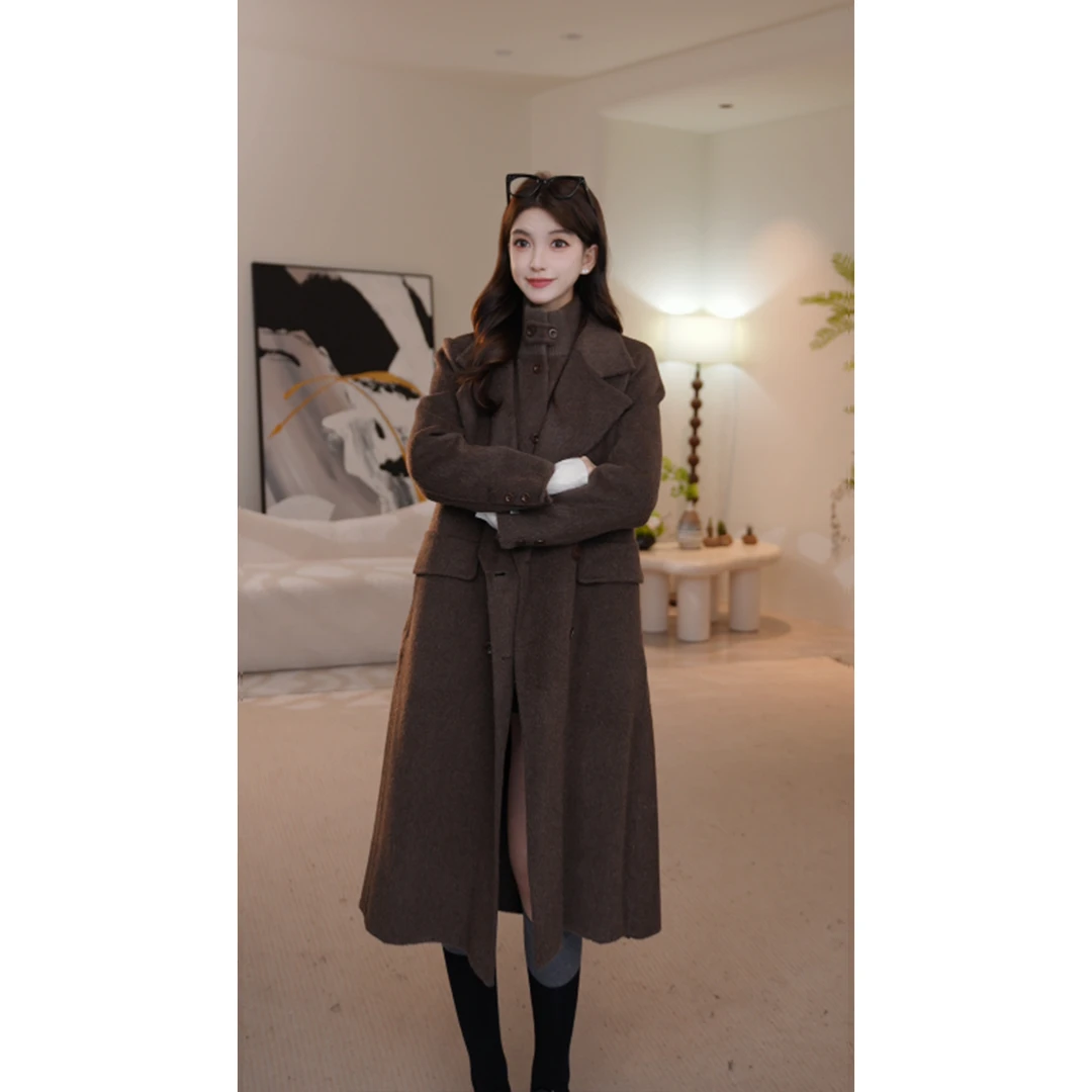 【早安】秋冬新款双面羊毛外套韩版毛呢中长款马甲两件套大衣25D108