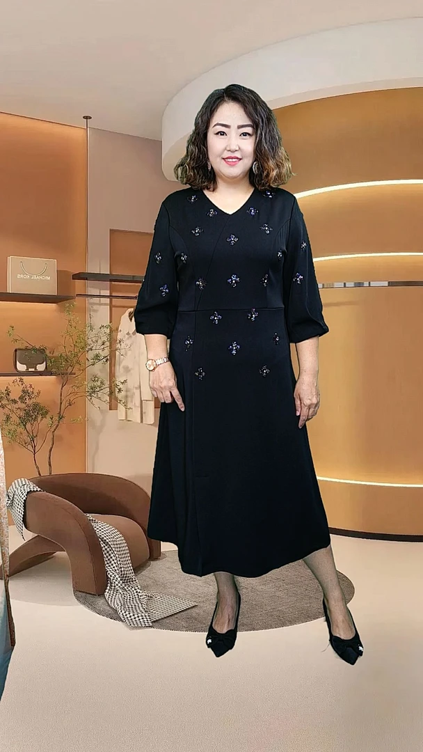 优雅气质刺绣连衣裙法式重工收腰显瘦中长款裙子