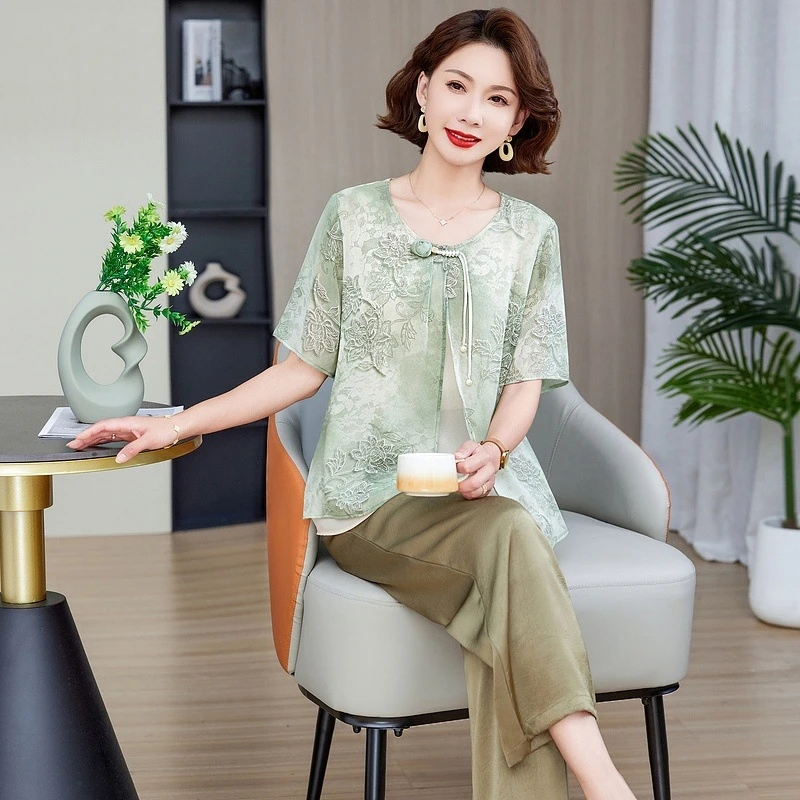 新中式妈妈短袖套装2025夏季款中老年国风刺绣婆婆大码上衣两件套