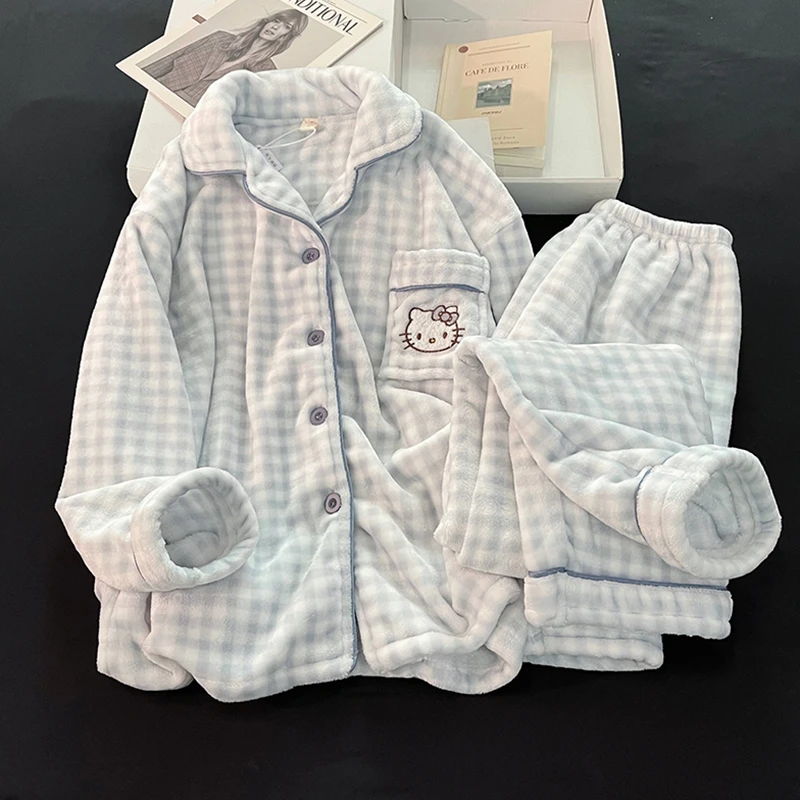 秋冬季珊瑚绒加绒加厚睡衣女款爆款2025新款蓝格小猫长袖裤家居服