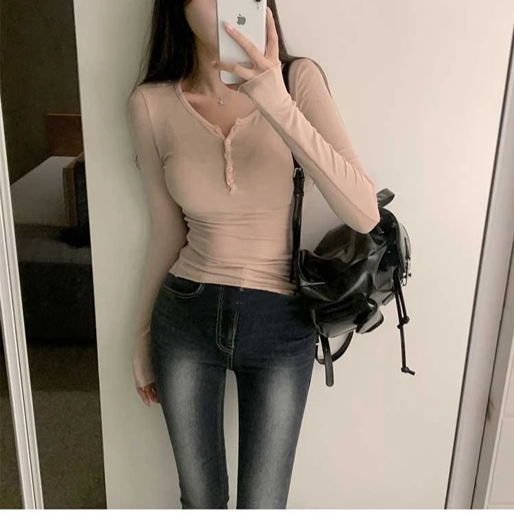 【肥羊专属】纯欲风紧身半开领长袖打底衫女显身材上衣洋气辣妹T恤