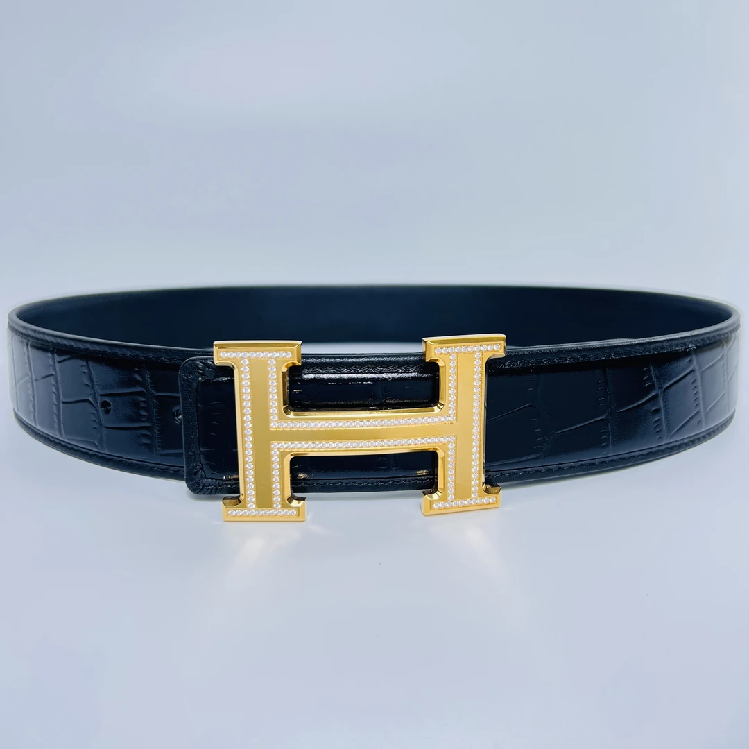 3.8进口鳄鱼真皮包边H双排镶钻24K包金不锈钢男内穿打孔腰带