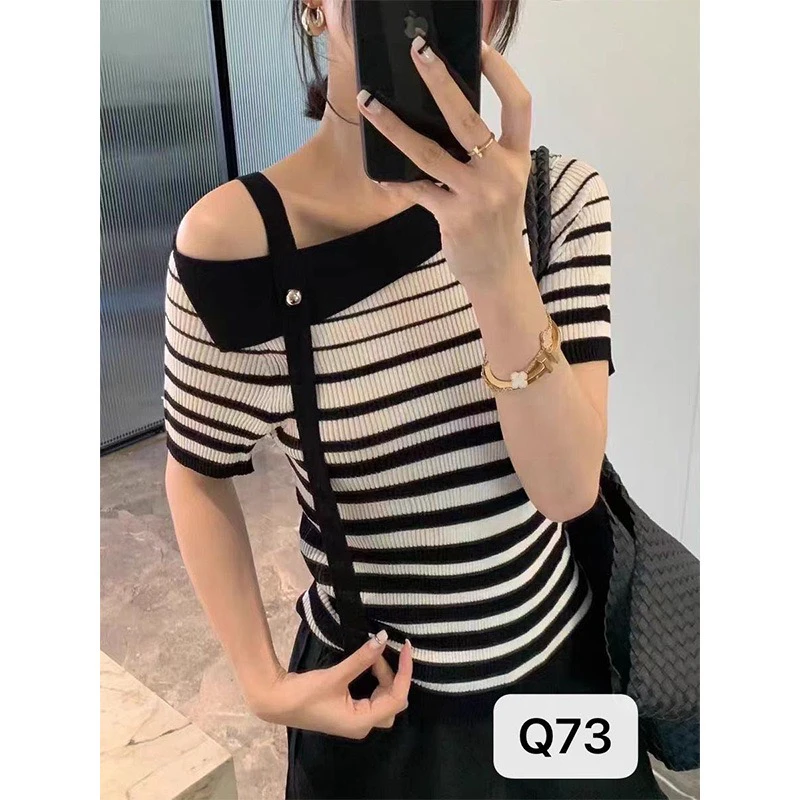 条纹夏季短款扎花短袖女毛针织衫辣妹显瘦v领针织衫时尚百搭别致