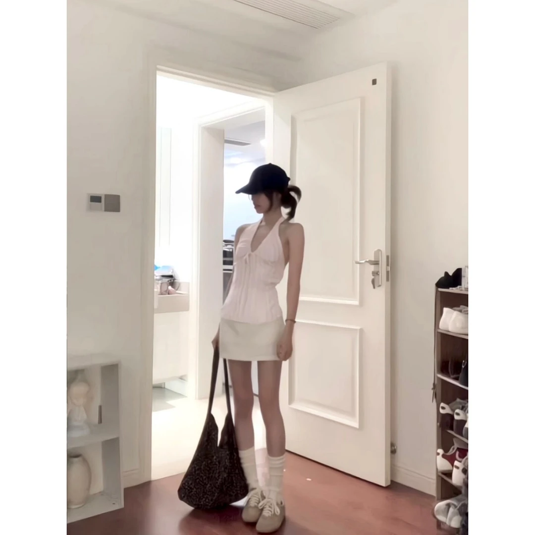 MARIE.COCO法式纯欲风系带v领挂脖吊带背心辣妹美背包臀短裙套装