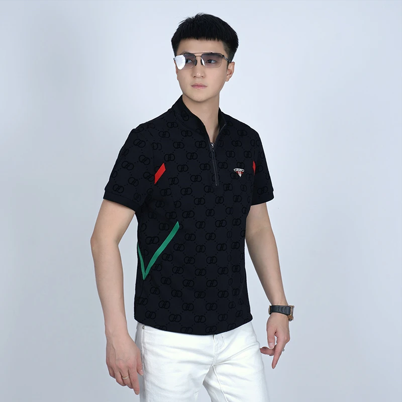 【I.TEX】夏季轻奢潮流植绒提花拉链POLO衫时尚休闲简约百搭短袖