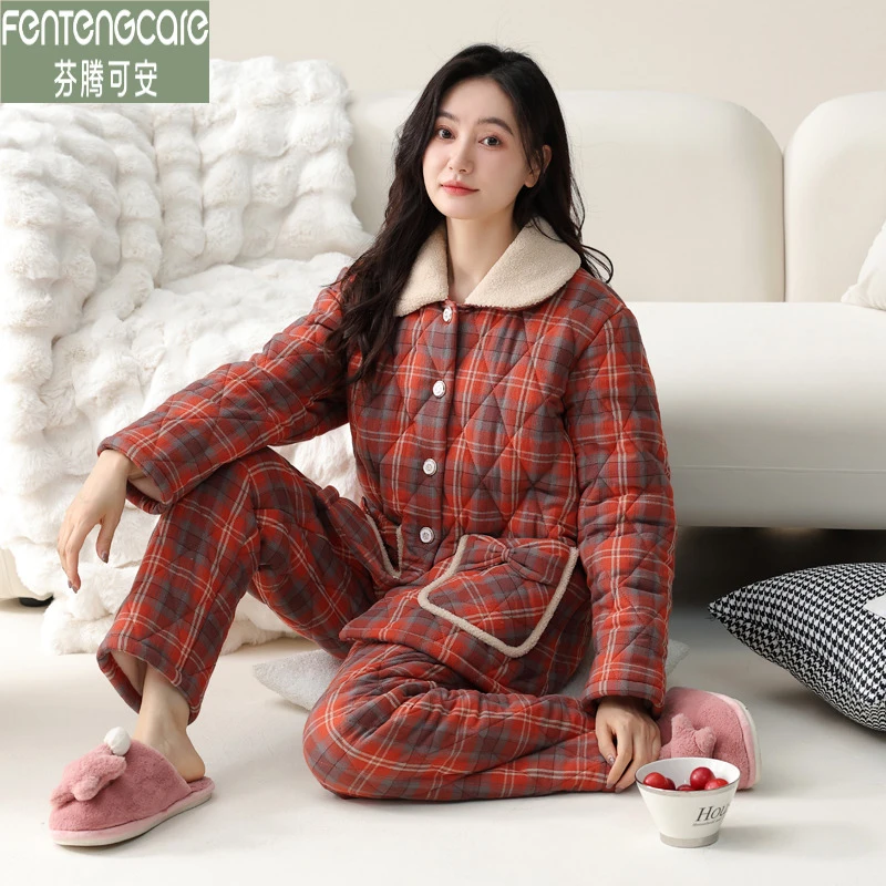 芬腾可安睡衣女士冬季三层加厚加绒梭织棉夹棉大码宽松保暖家居服