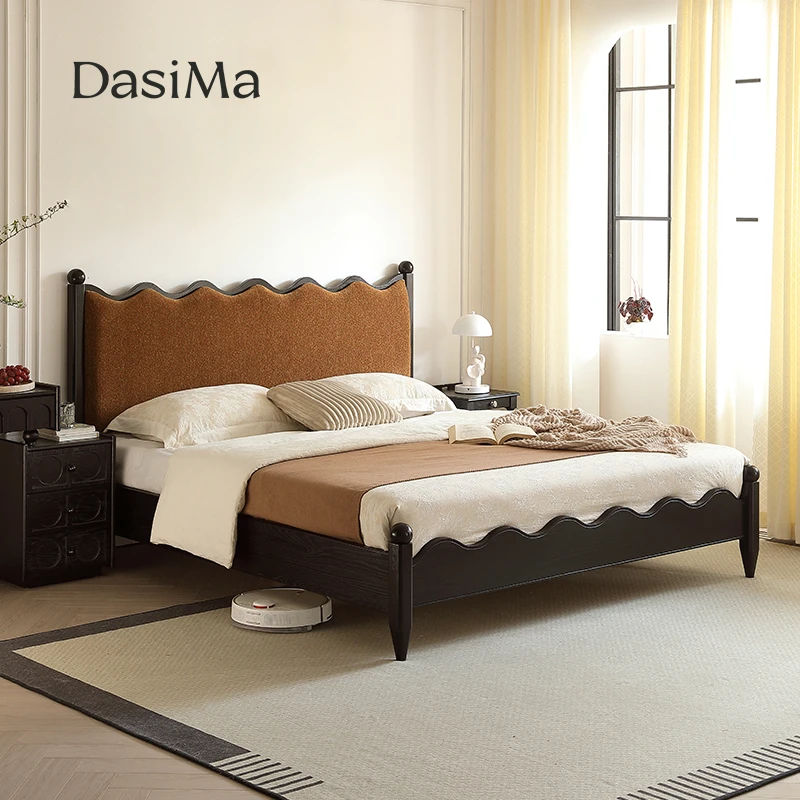 大司马法式复中古风实木床1米8双人白蜡木榉木床家用主卧室涟漪床