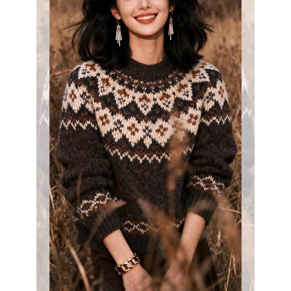 巨好看轻熟上衣女早秋2025新款复古慵懒高级感咖色费尔岛套头毛衣