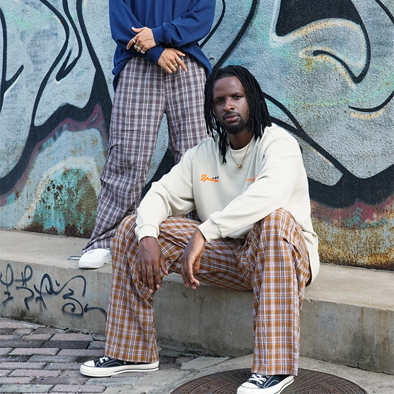 UNSHACKLED潮牌美式格子休闲长裤男百搭直筒宽松秋冬裤子杨政