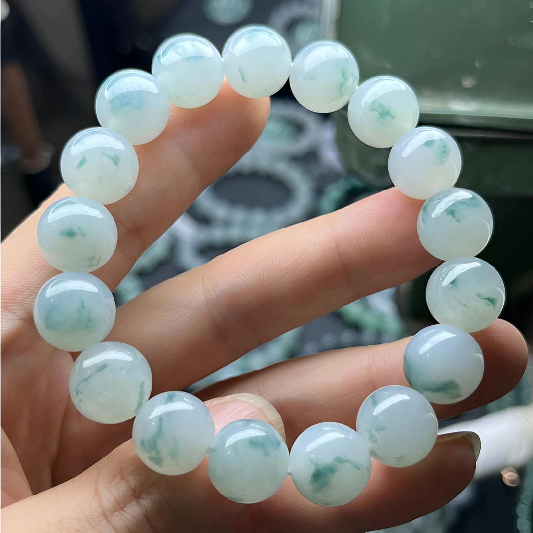 缅甸翡翠A货男女款手串，糯冰胶飘蓝花，卡12.3精美百搭单圈