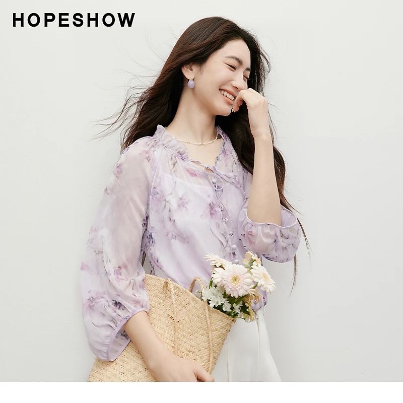 红袖2025夏季新款女装 【印象鸢尾】木耳边领套头上衣90225122005