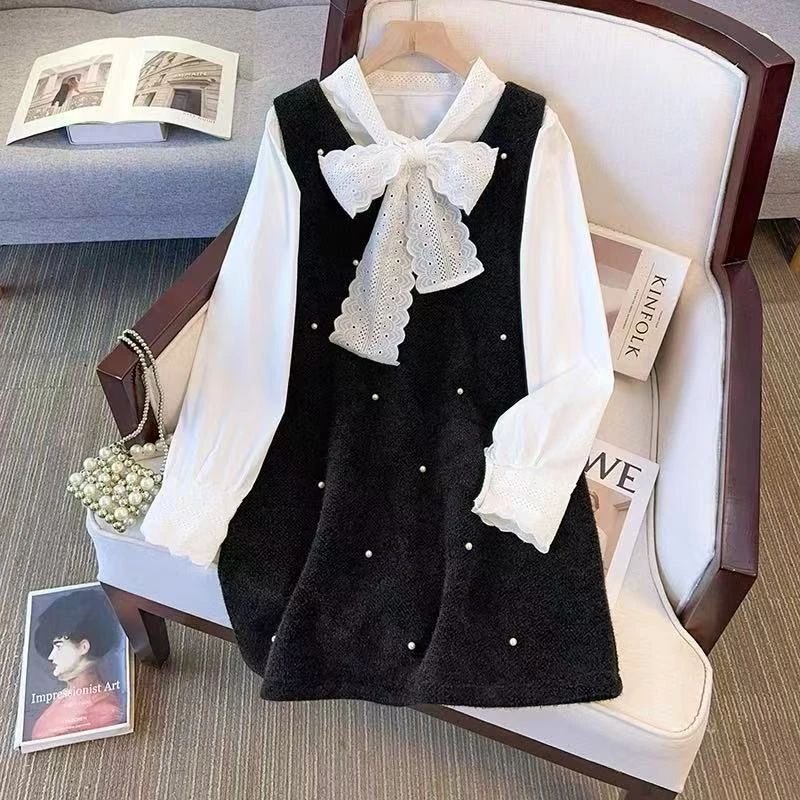 黑色珍珠背带连衣裙2025春款女装裙子高级感穿搭富家千金套装-053