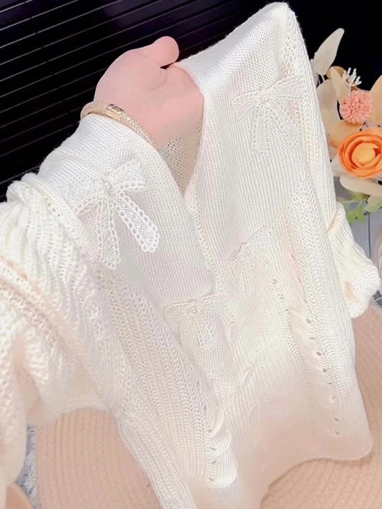 2025秋季新款女时尚设计感蕾丝蝴蝶结拼接针织衫独特漂亮好看上衣