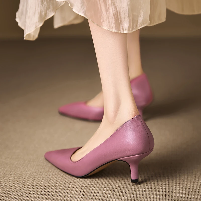 4cm/5.5cm~文艺性感尖头浅口真皮婚礼伴娘单鞋女侧空小猫跟女鞋子