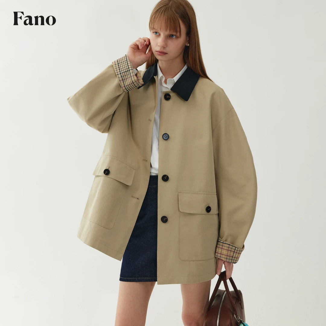 【直播】范洛高质感“复古格纹 弯袖”廓形翻领撞色短风衣FQ24W028