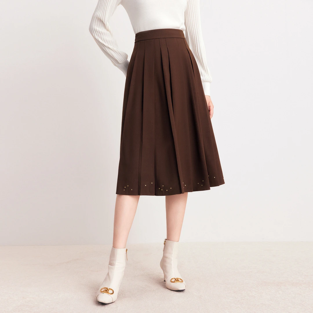 【晨粉专享价】春秋轻奢时尚百搭优雅气质通勤压褶半裙KW02877C7