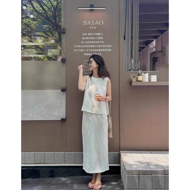高级感白色棉麻套装裙2025夏季时尚洋气亚麻无袖背心上衣半身长裙