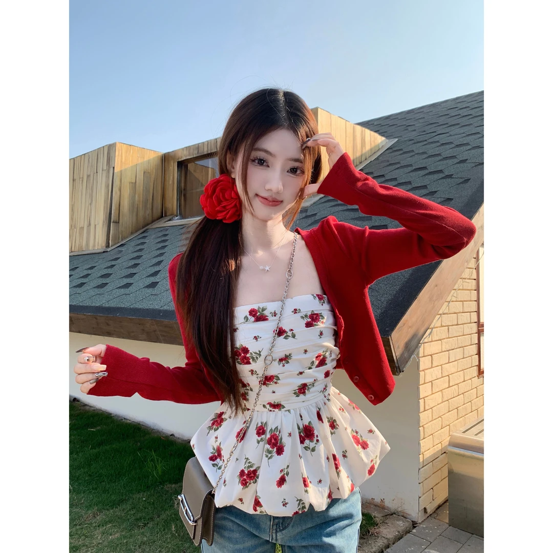 小众复古碎花抹胸背心上衣女叠穿春季红色开衫外套法式气质两件套