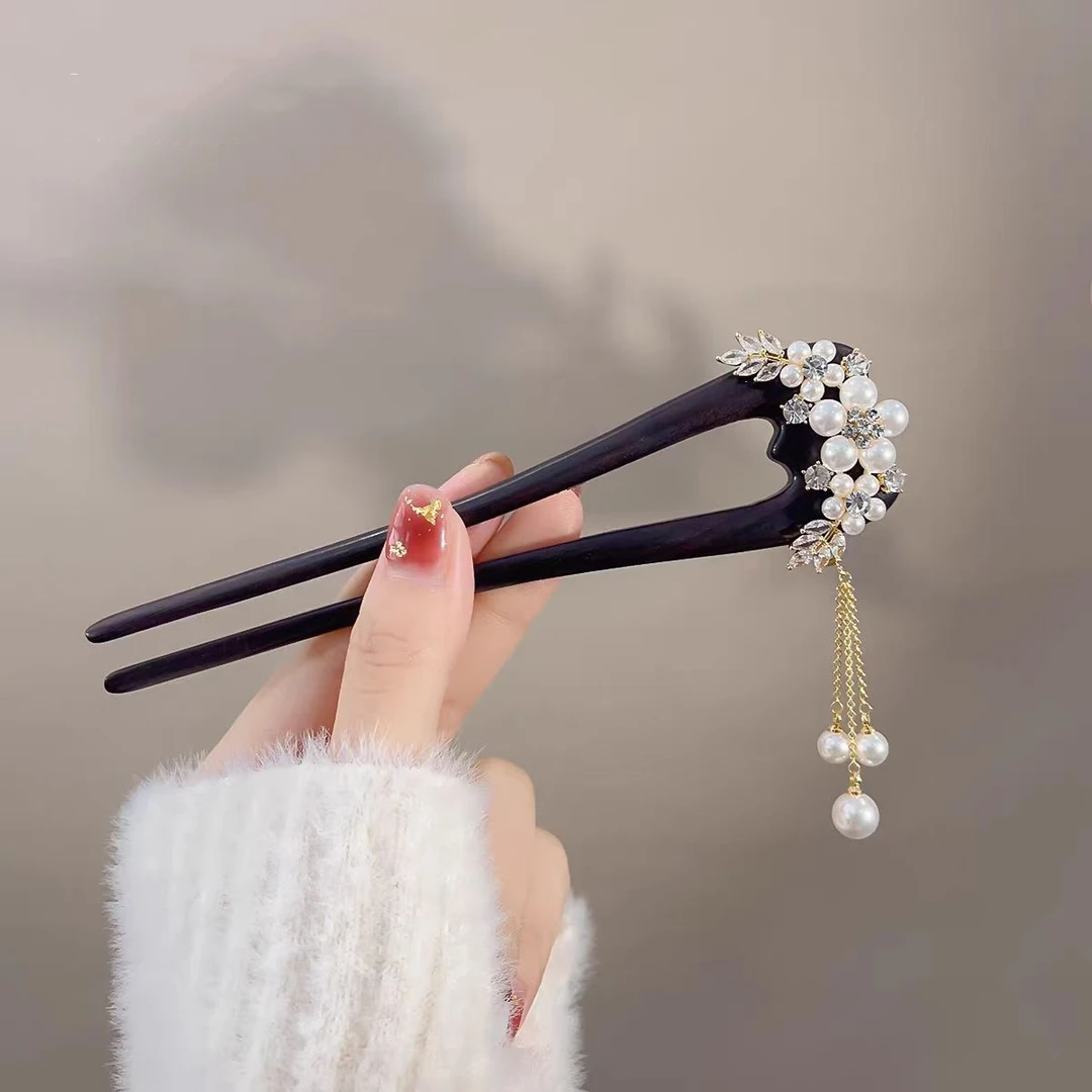 a553【珍珠麦穗】15公分紫光黑檀木双钗发簪女簪子中式新款发钗头饰