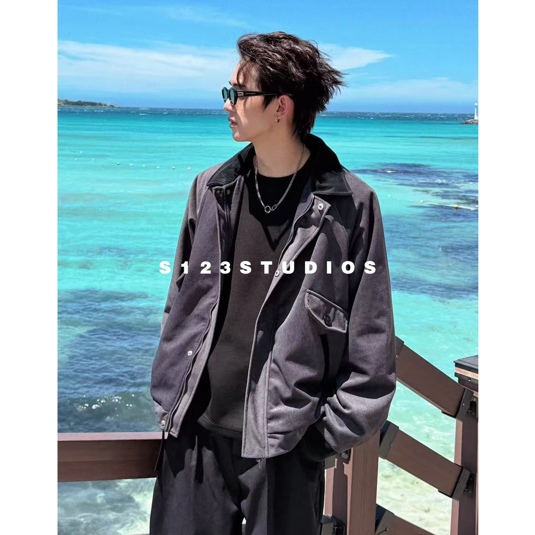 聪明陈美式复古巴恩风拼接休闲夹克外套高街痞帅个性百搭上衣情侣