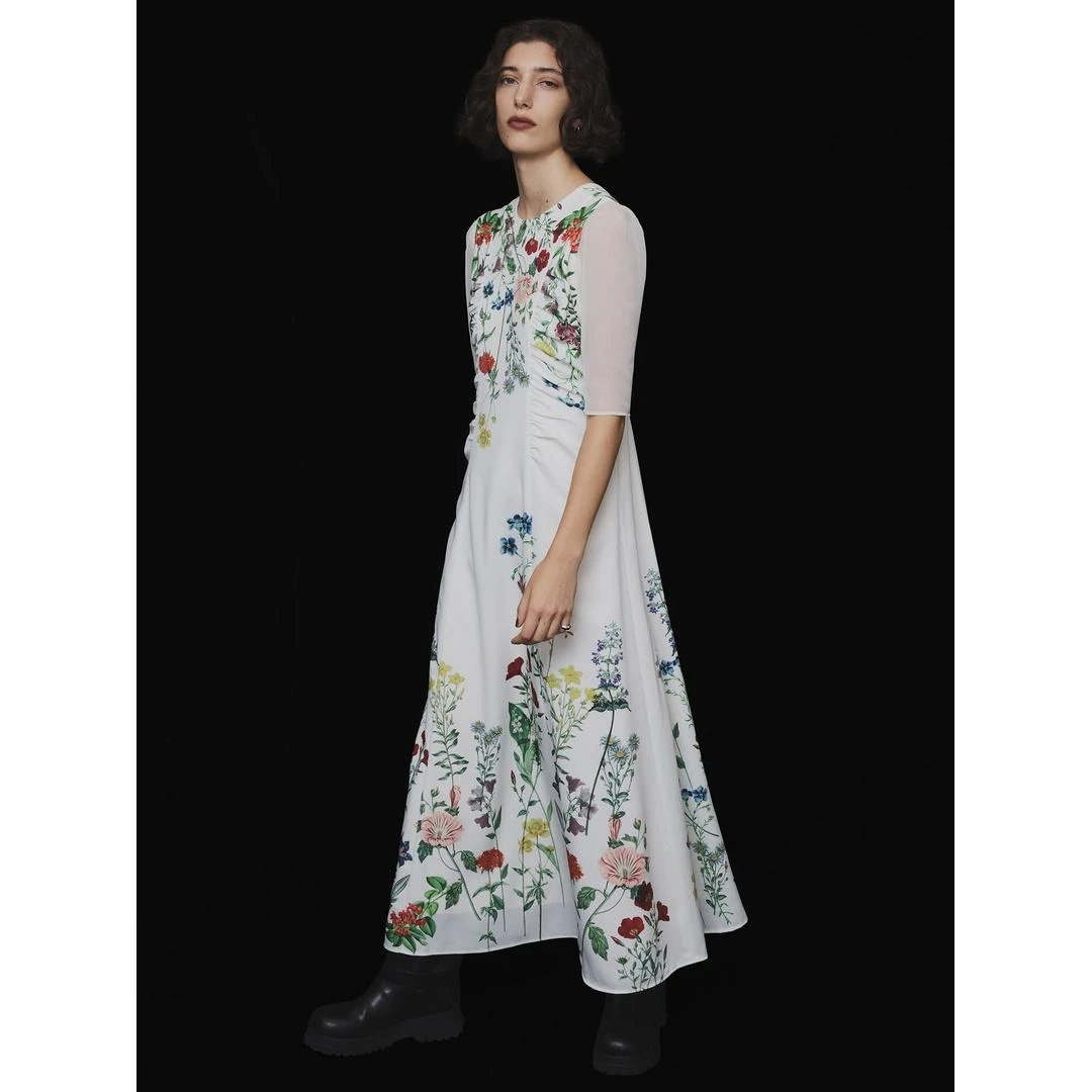 【MonTendre】秋冬新款 代 设计师百搭圆领显瘦长裙花卉褶皱连衣裙