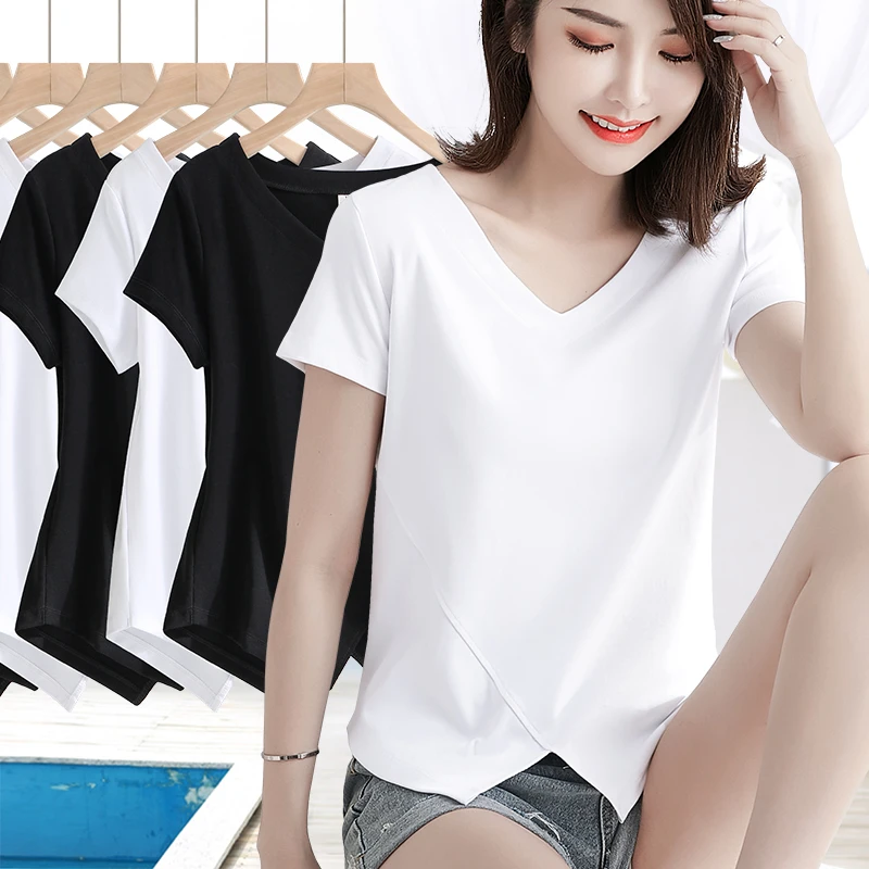 短袖t恤女不规则下摆开叉夏季新款修身遮肉显瘦上衣女百搭v领#357