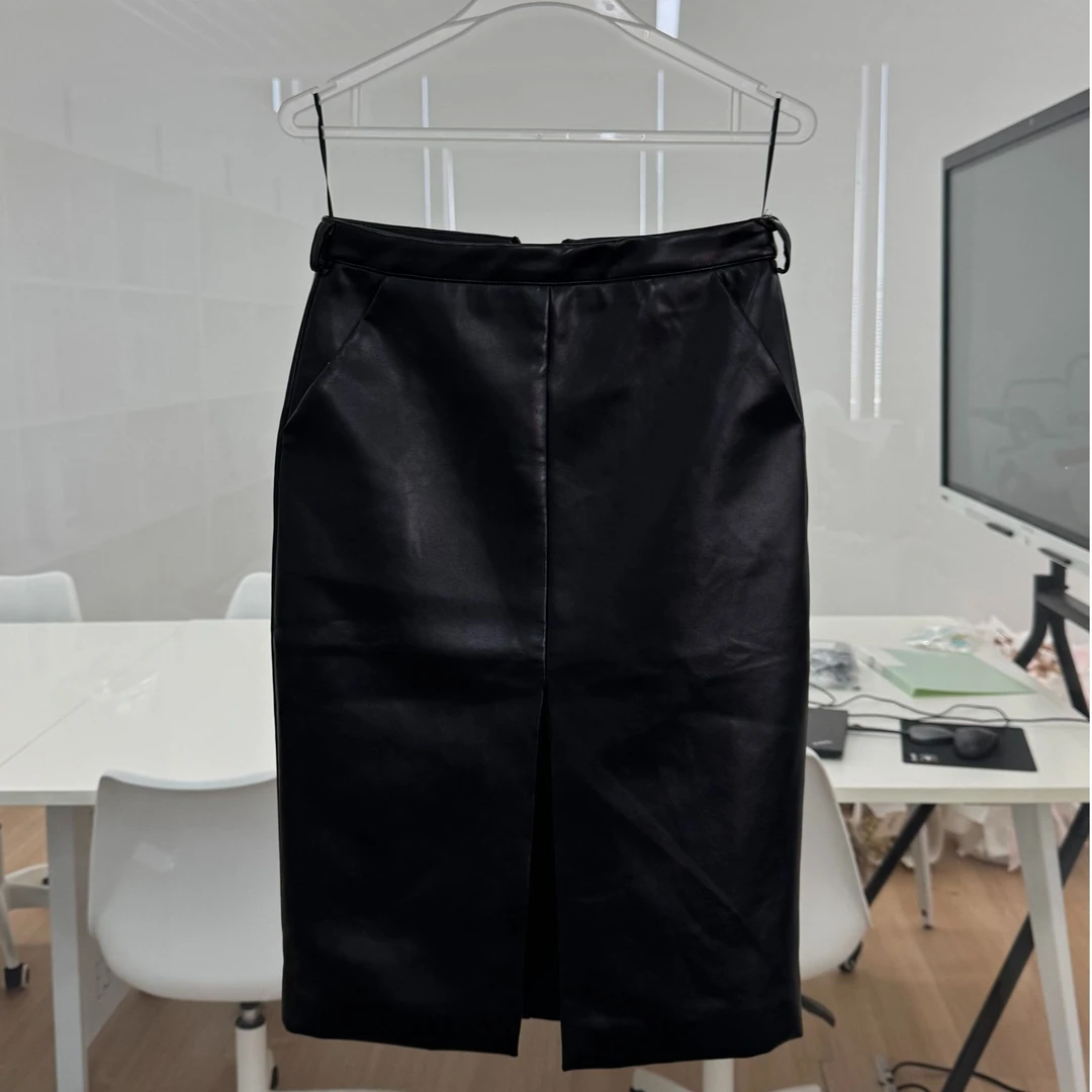 BQ201 LDTJ高定 哑光PU皮高级气质时尚黑色过膝开衩修身包臀半裙