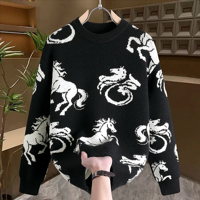 仓石一树2026冬季新款圆领毛衣马年本命年红色加厚情侣针织打底衫