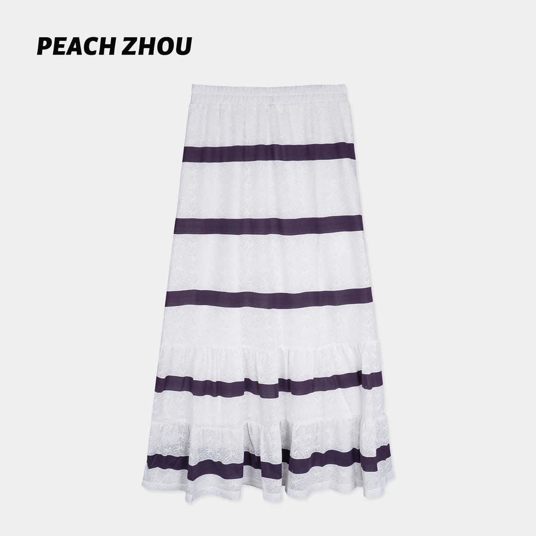 『PEACHZHOU』条纹拼接蕾丝花边甜美半身裙温柔休闲气质设计感长裙
