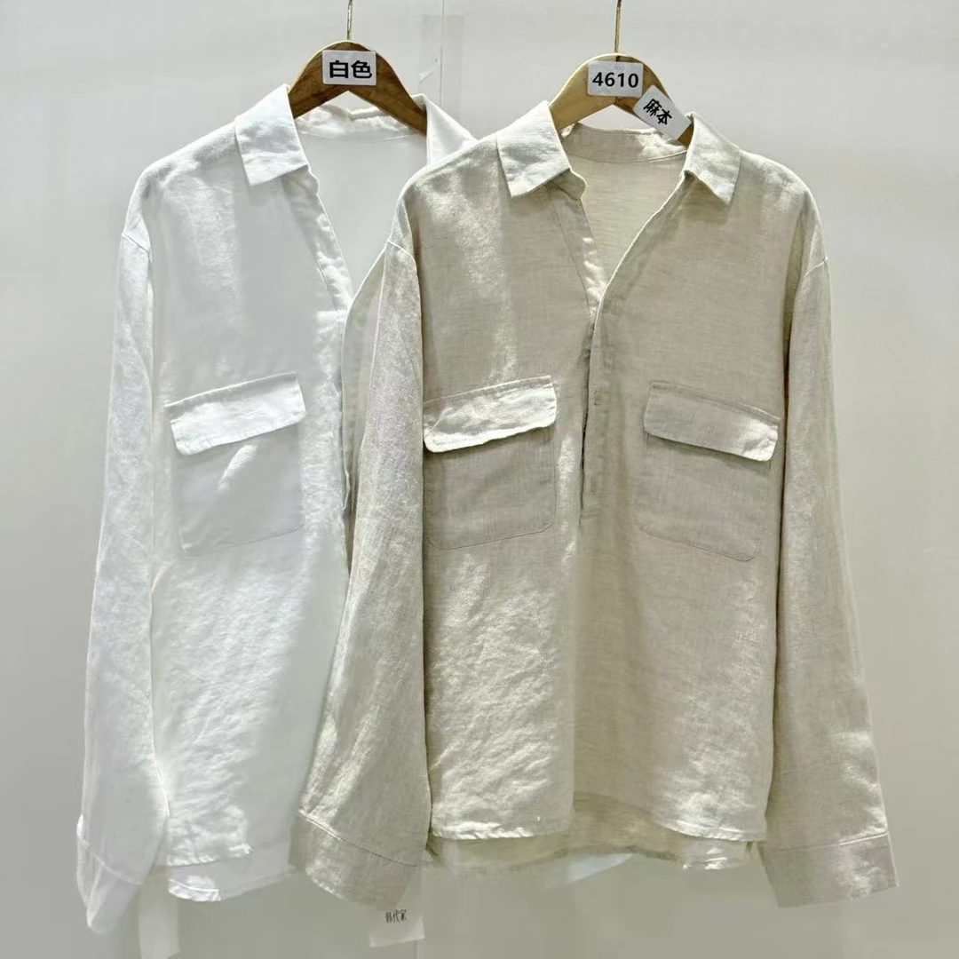4610号80042#纯色百搭翻领双口袋休闲显瘦长袖衬衣