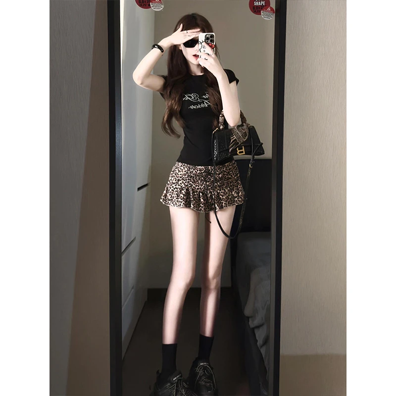 夏季辣妹风高腰豹纹连衣裙子女烫钻字母黑色上衣收腰显瘦短裙套装
