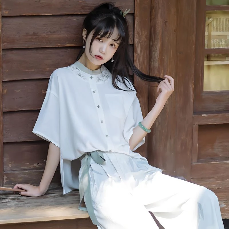 改良版汉服套装女夏新款落肩短袖衬衫印花阔腿裤中国风古装两件套