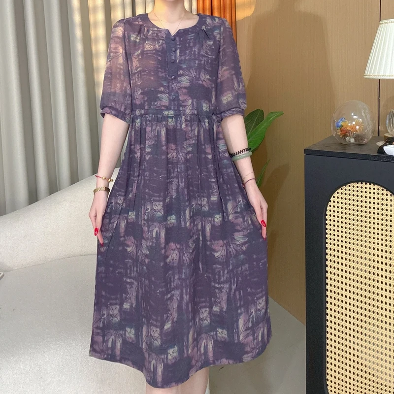 夏季高品质亲肤收腰中袖连衣裙时尚遮肉显瘦妈妈薄裙子 XH0588378