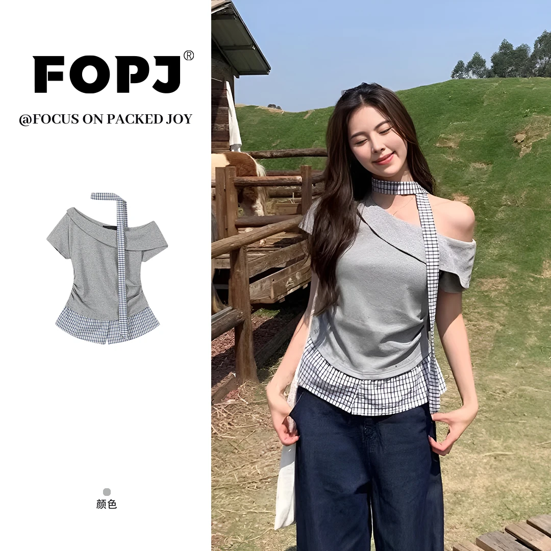 FOPJ韩系斜肩假两件短袖t恤夏季格纹拼接小衫百搭显瘦设计感上衣