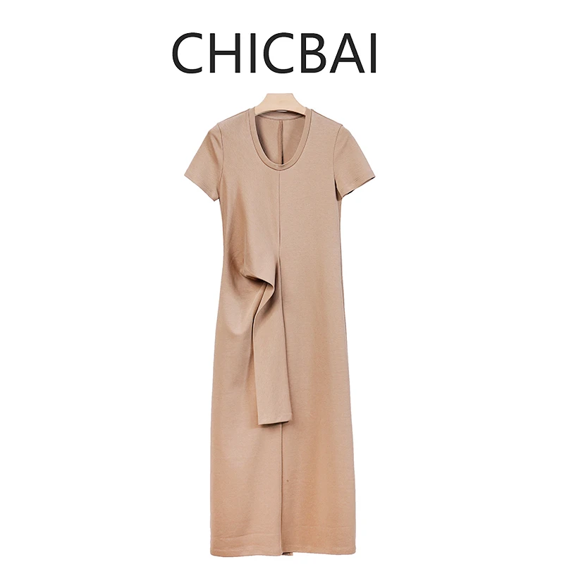 CHIC白 解构绑带设计 U领显瘦短袖气质连衣裙L7060