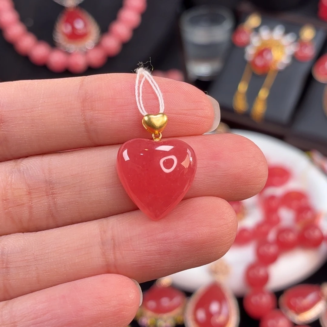 菱锰矿（红纹石）18K金镶嵌吊坠(不含链)