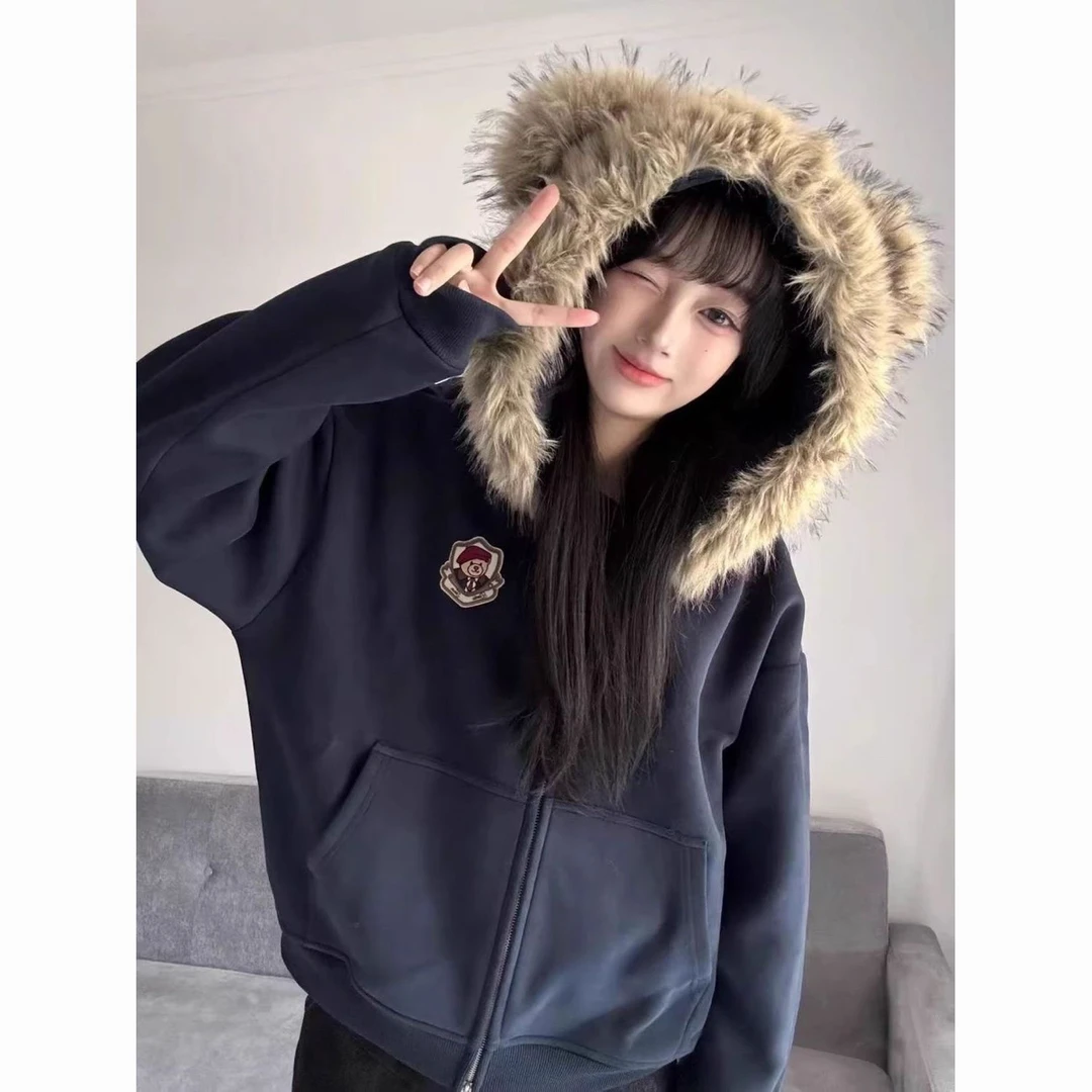 美式国潮可爱小熊耳朵毛领开衫外套女2025秋冬新款设计感拉链外套