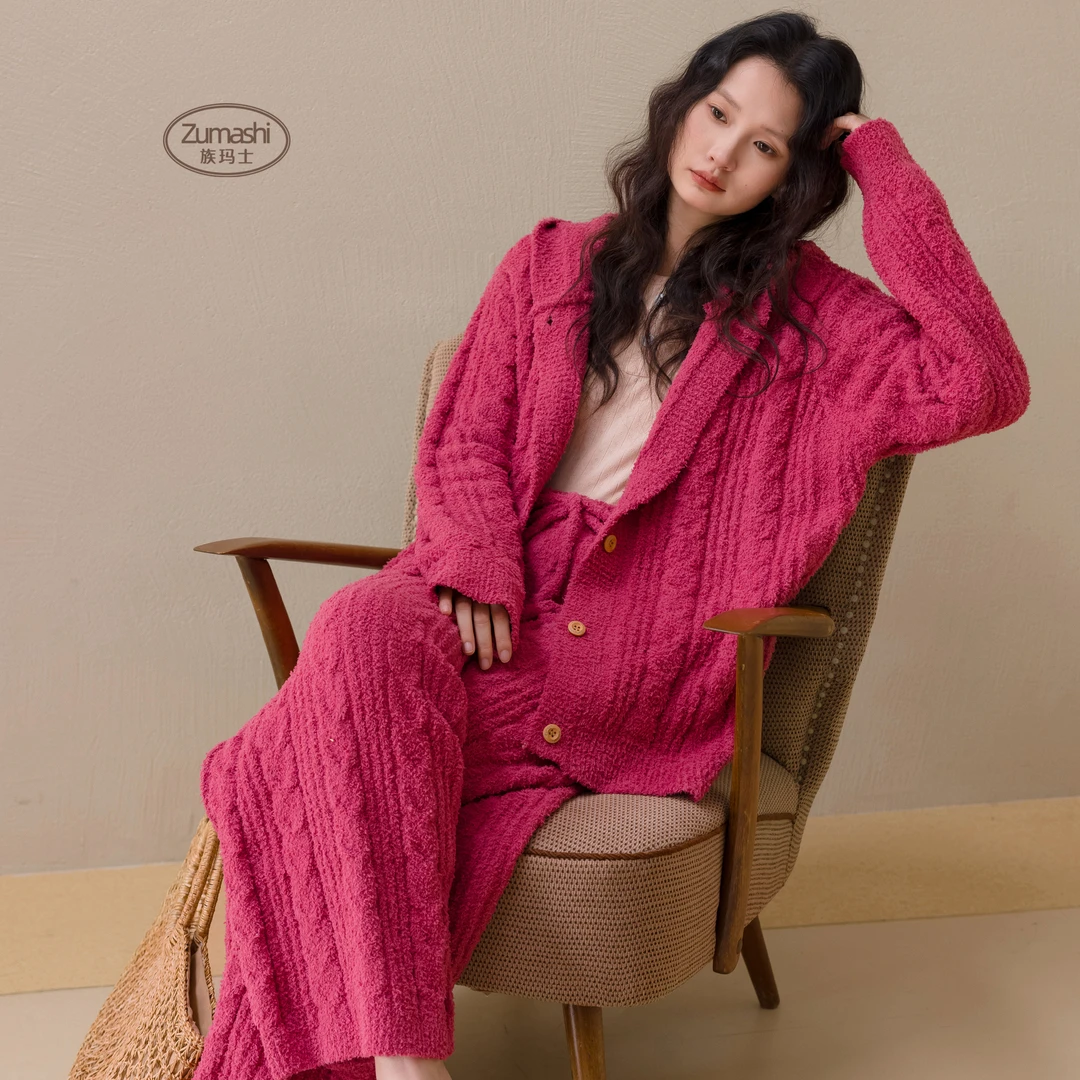 族玛士半边绒睡衣女士春秋冬季针织连帽加厚宽松家居服可外穿套装