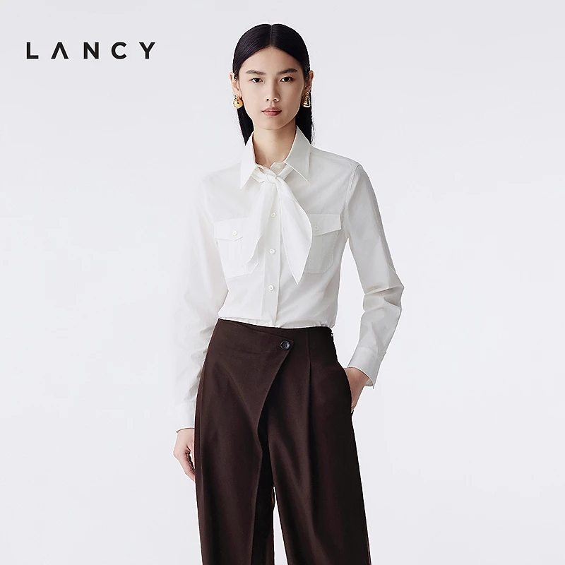 【晨晨专属】LANCY/朗姿2025年冬新款白色法式翻领气质领结纯棉格