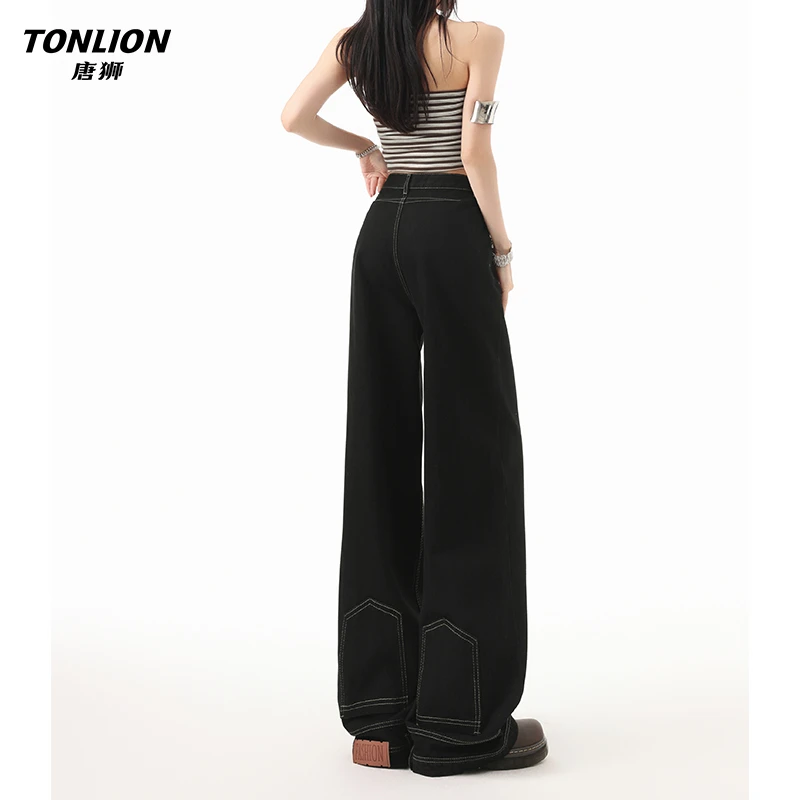 唐狮美式高街复古黑色阔腿窄版牛仔裤女2025早秋高腰宽松直筒裤
