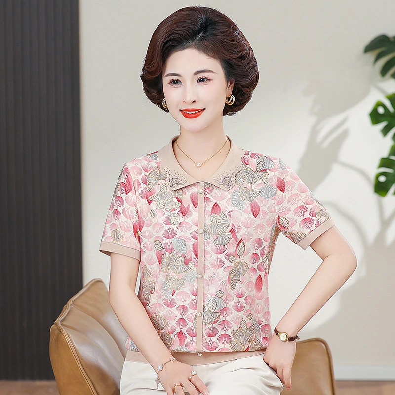 新款夏季妈妈装翻领薄款短袖T恤衫洋气中老年女装显瘦减龄上衣