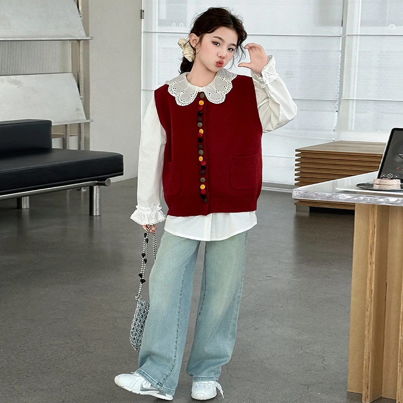 女童彩色扣针织马甲甜美减龄2025春季新款中大童外穿叠搭马夹背心