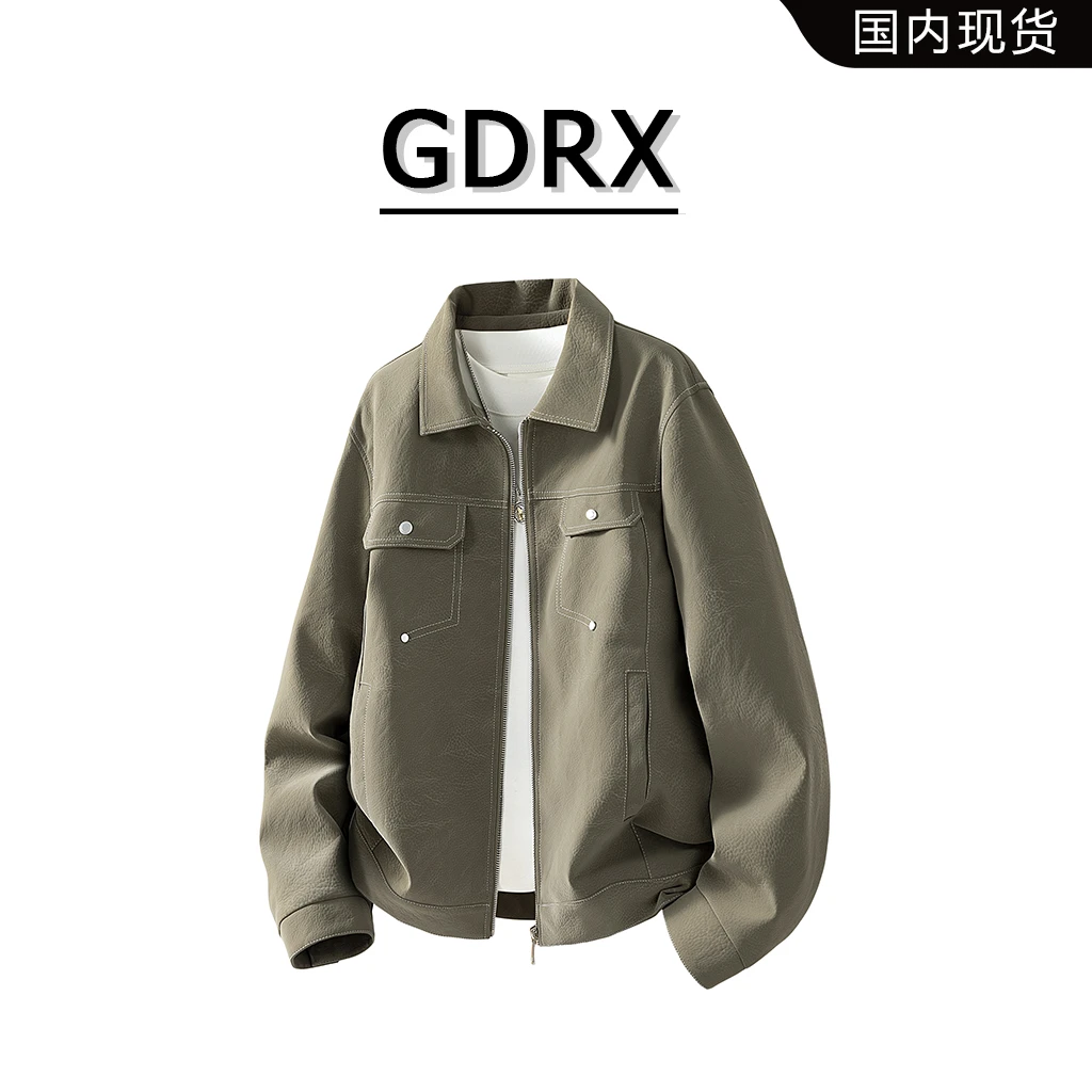 GDRX美式翻领明线皮衣男士秋季潮流时尚休闲工装高级感夹克外套