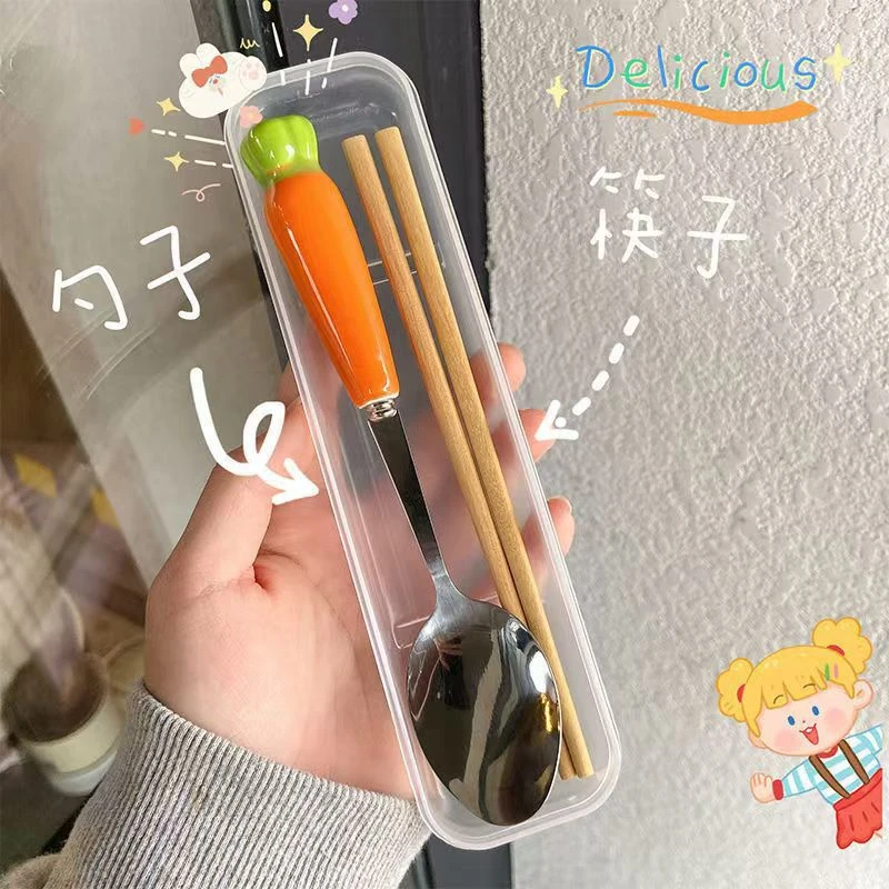 胡萝卜筷子勺子家用长柄汤勺干饭人勺子吃饭用女生便携式餐具套装